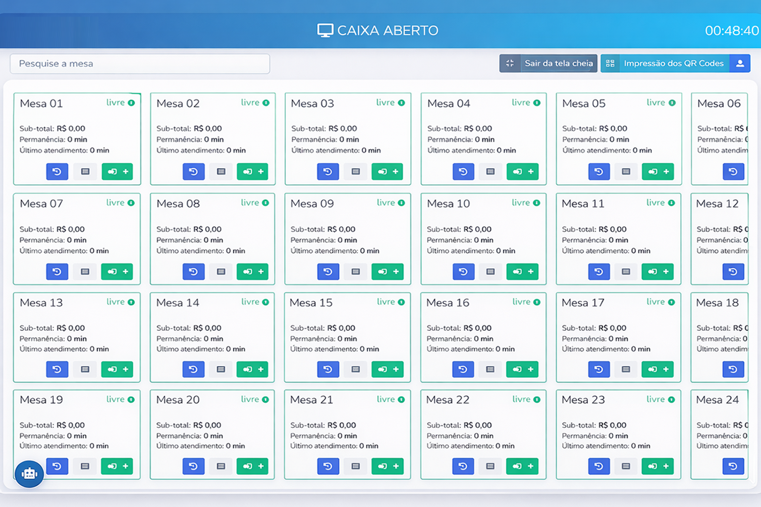 Tela de mesas do sistema Vedas Food